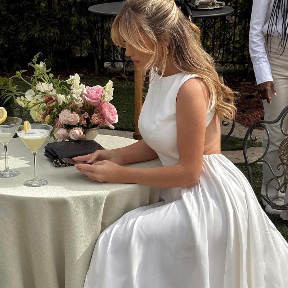 House of CB White Backless Satin Evening Gown